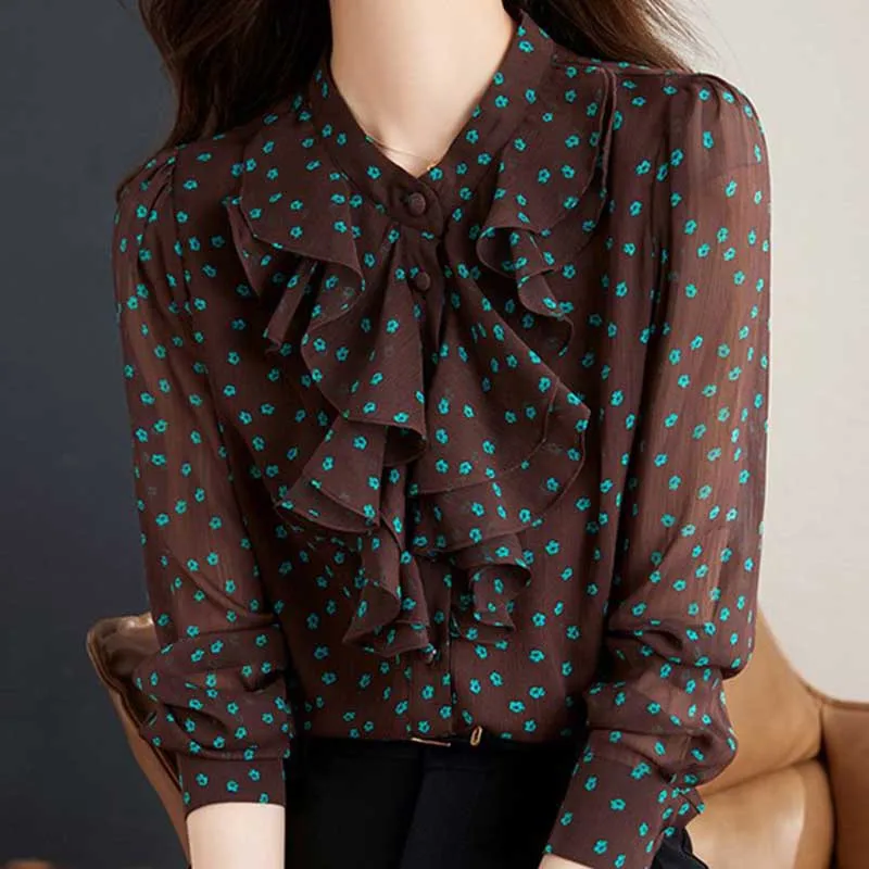 Elegant Stand Collar Printing Floral Ruffles Shirts Women's Clothing 2024 Spring New Loose All-match Tops Office Lady Blouses