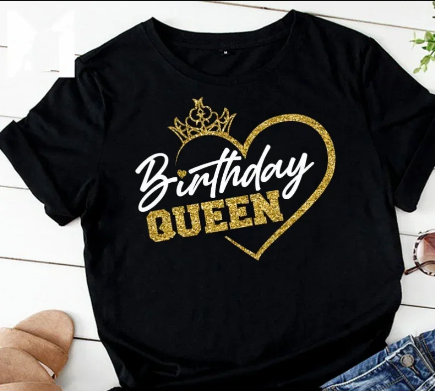 

Birthday Queen Birthday Girl Cotton Plus Size Female Clothing O Neck Shirt Short Sleeve Top Tee harajuku goth Drop shipping