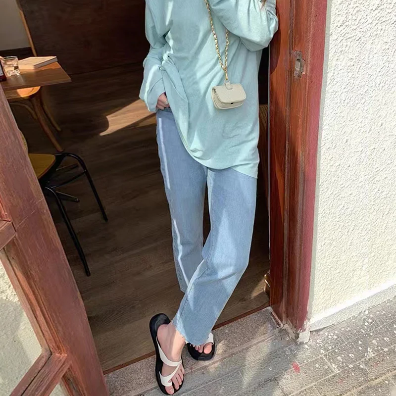 임산부용 얇은 데님 팬츠, 봄 여름 가을 아우터, 연청 스트레이트 레그 캐주얼 발목 기장 청바지