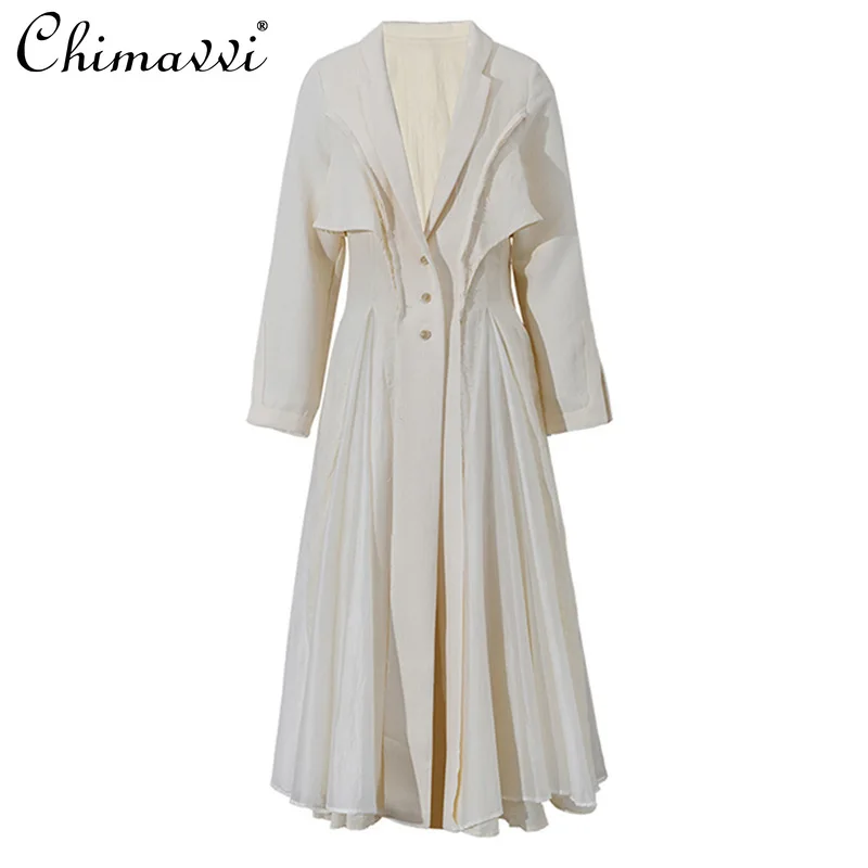 

French Heavy Industry Large Swing Dress 2024 Spring New Fashion Slim-fit Suit Collar Spun Yarn Long Sleeve Elegant Linen Dress