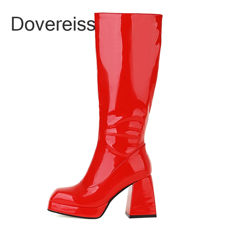 

Dovereiss Fashion Female Boots Winter Sexy Red Waterproof Zipper New Waterproof Knee High Boots Chunky Heels 40 41 42 43