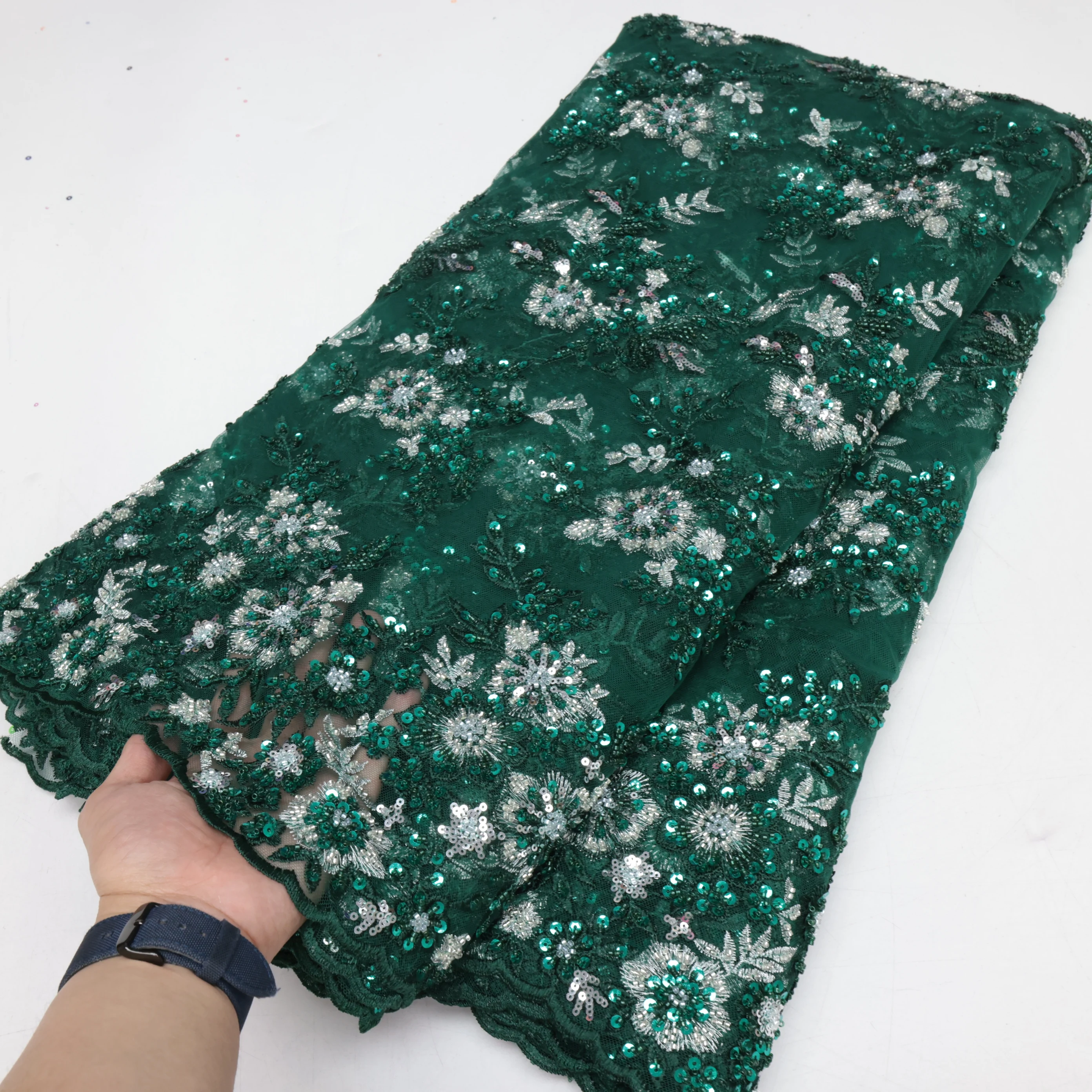 African Tulle Lace Fabric 5 yards Nigeria Sequins Beads Tulle Lace Fabric Sew Wedding