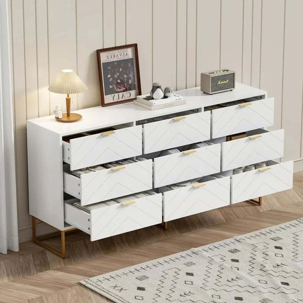 3 / 9 Drawers, Chest of Drawers,Dressers with Storage,Storage Cabinet with Golden Legs for Bedroom, Living Room, White / Black 4