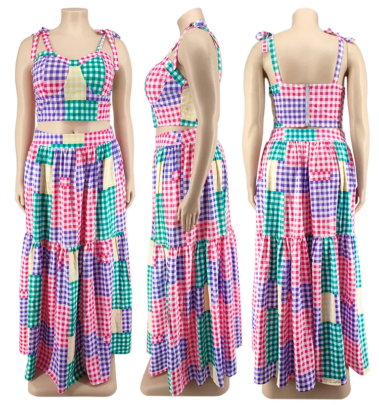 Plus Size Two Piece Dress Plaid Sleeveless Top Casual Loose Dress Korean Style Elegant Outfit 2023 Summer Female Matching Sets
