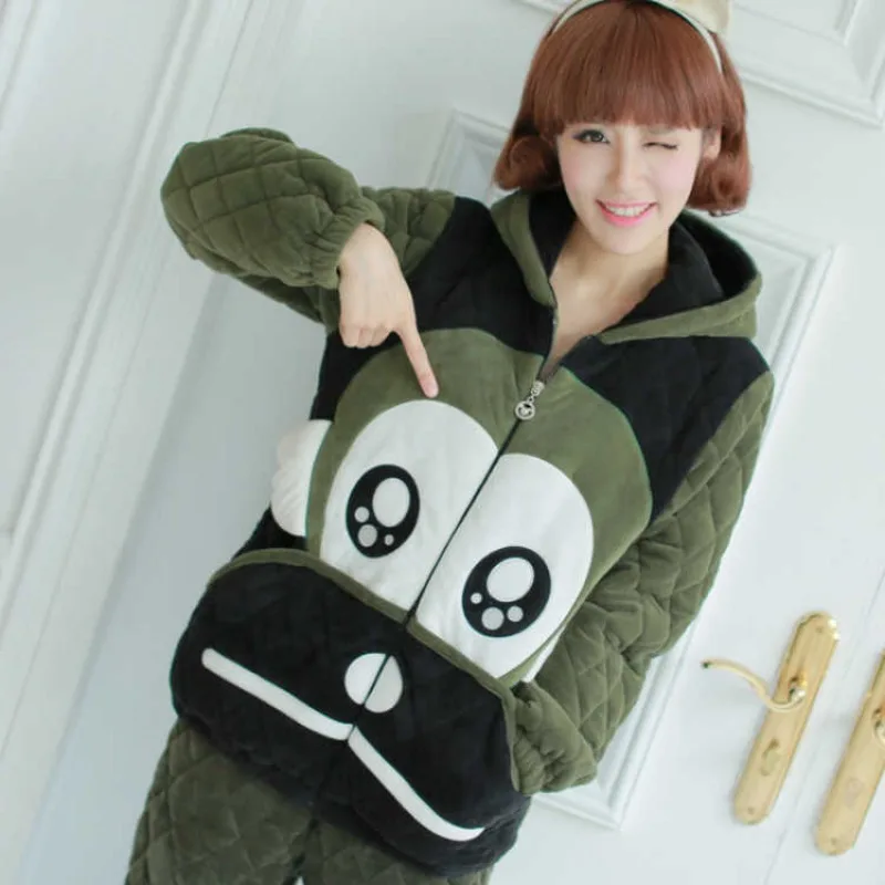 2023 new Pajama Women Winter Thickened Triple Layer Cotton Coral Fleece Warm Cartoon Student Loungewear Set Hooded Sleepwear