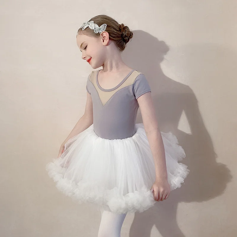 

Hot Sale High Quality Kids Girls Ballet Costumes Short Sleeve Mesh Dance Leotard with tutu skirt
