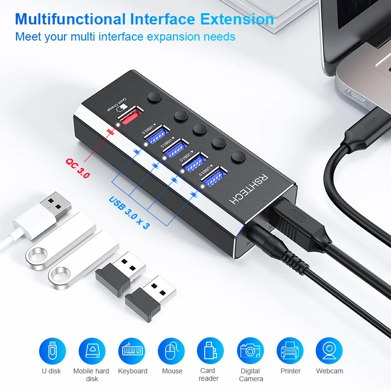 RSHTECH USB Hub 4 Port USB 3.0 Data Hubs 5Gbps Syncing Data Transfer Support Fast Charging Aluminum USB Splitter with Switches 2