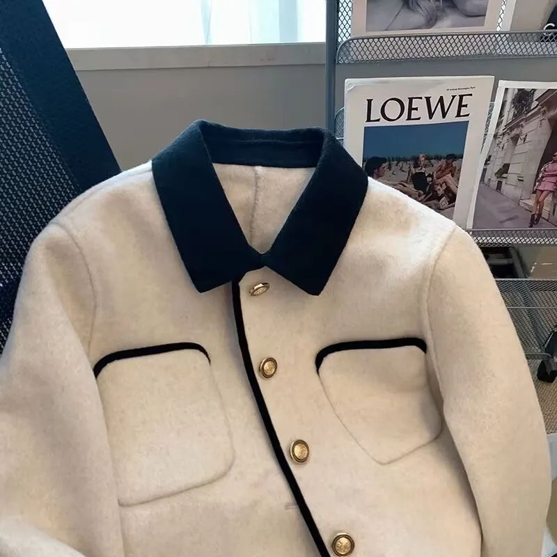 Women's Woolen Contrast Long-sleeved Coat 2023 Spring and Autumn New Korean Style Fashionable Western Loose Casual Top Y2k kpop