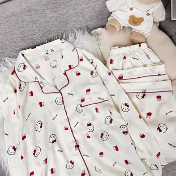طقم بيجامة ياباني لطيف كاواي هالو كيتي بأكمام طويلة ملابس نوم نسائية ناعمة ملابس منزلية ملابس نوم لربيع الخريف 5