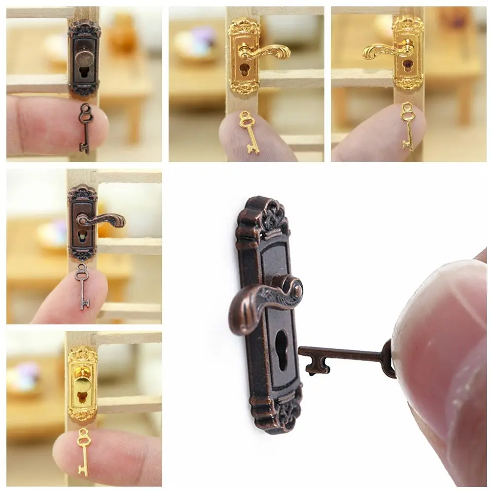 Mini Furniture Pull Keyhole Plate Brass Knobs Dollhouse Lock Key Set Miniature Door Handles Doll House Gift DIY Accessories 4