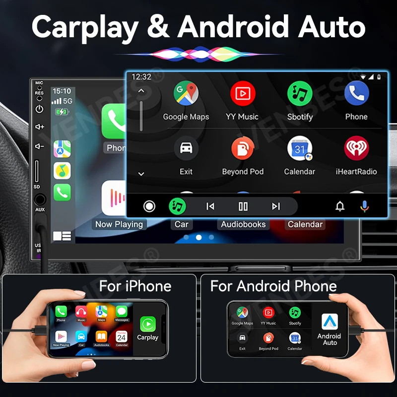VENBES 1 DIN Radio para automóvil con CarPlay y Android Auto Pantalla táctil de 7 pulgadas Soporte Mirror Link Bluetooth Cámara de marcha atrás opcional 3