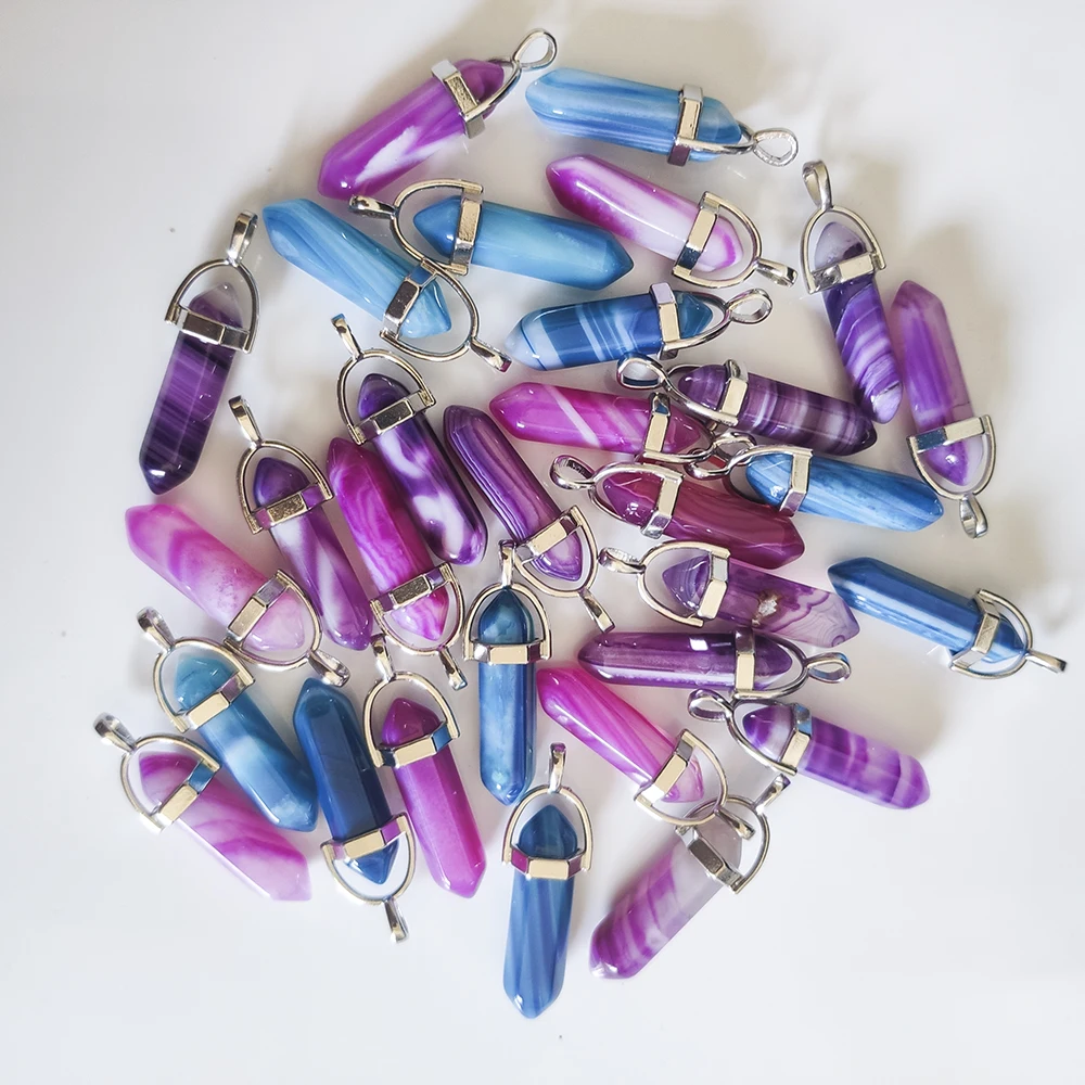 Stripe Agate Hexagonal Prism Shape Pendants Reiki Healing Pendulum Charms For DIY Necklace Earrings Jewelry