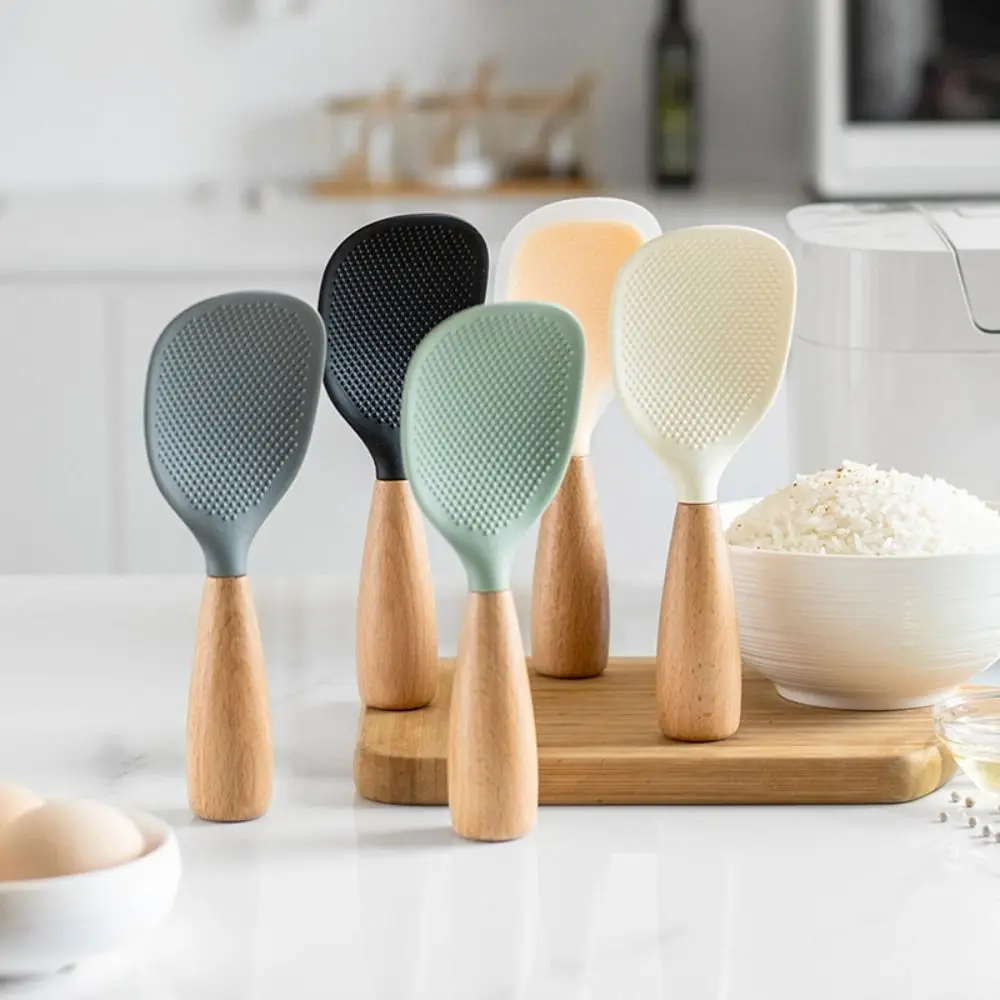 

Wooden Handle Standing Silicone Rice Spoon Nonstick Anti-scalding Rice Spatula Heat Resistant Upright Rice Scooper Cooking