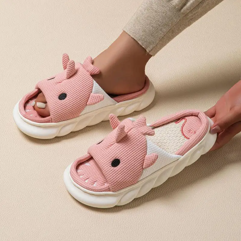 Linen Platform Slippers Women Home Cute Animal Cartoon Designer Shoes Girls Flats Fashion House Casual Footwear Elegant Big Size 2