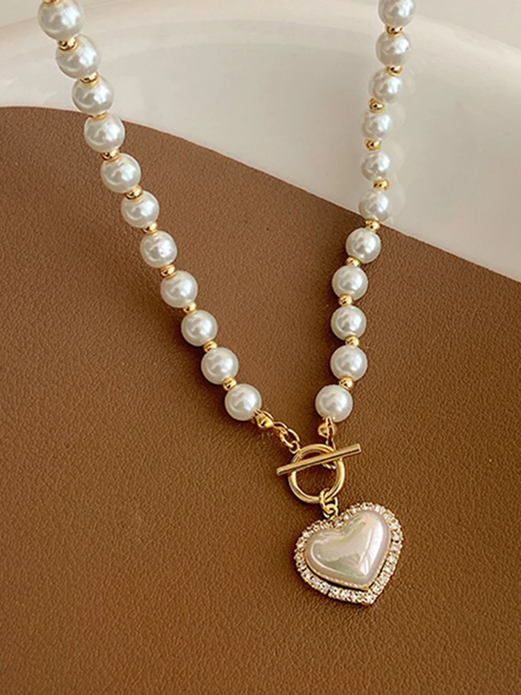 Weiße Imitation Perlen Halskette Frauen Kristall Stein Herz Anhänger niedliche Mädchen Schmuck Halskette Collier Femme – Detail 8