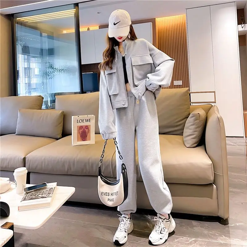 Fashion Trend Sports Outfits Women's Spring Autumn New Loose Casual Coat High Solid Color Waist Casual Pants Two Piece Set men s summer round neck short sleeved t shirt shorts casual suit men s trend fashion sports brand two piece set