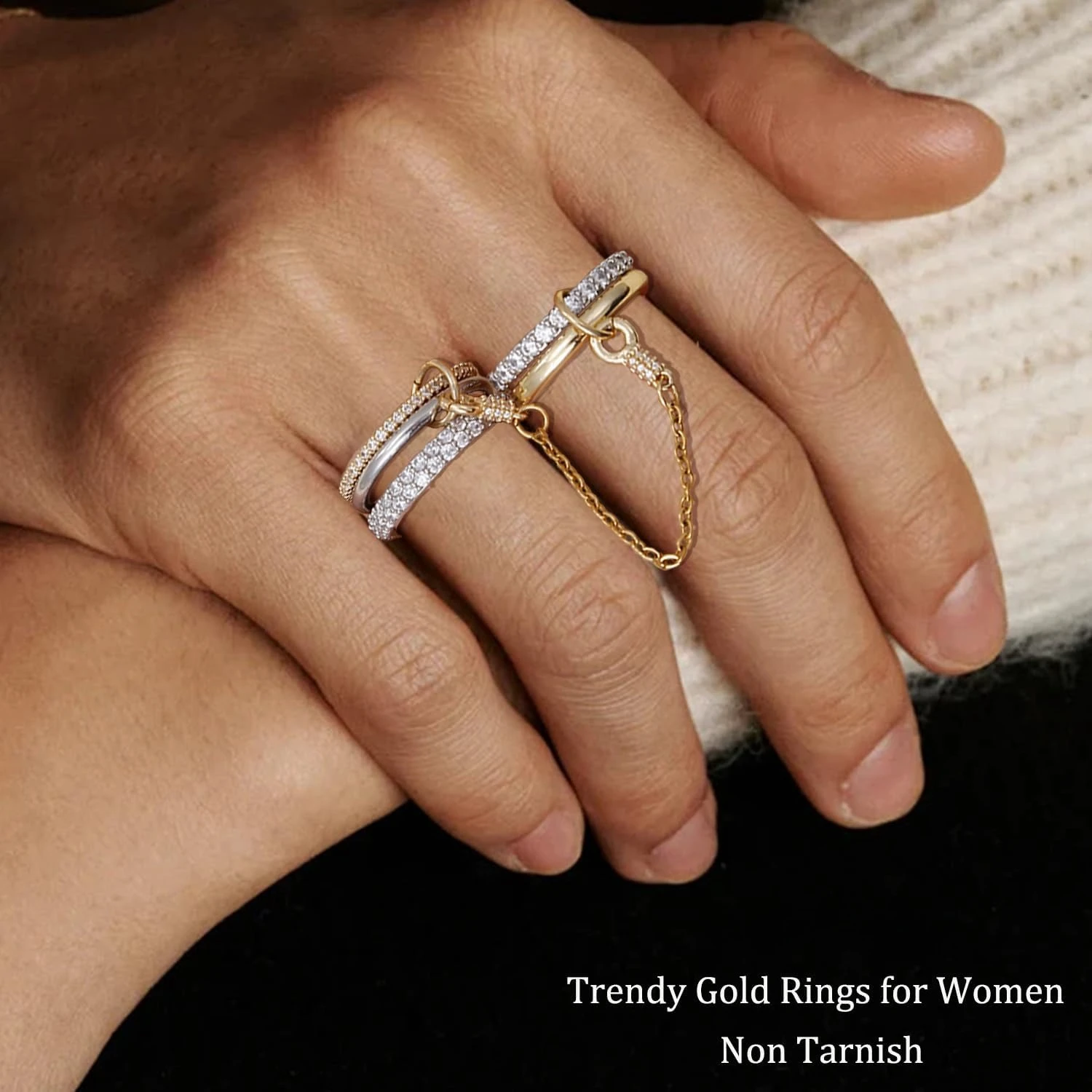 Elegant Gold Plated Interlocking Chain Rings with Cubic Zirconia - Set of 5