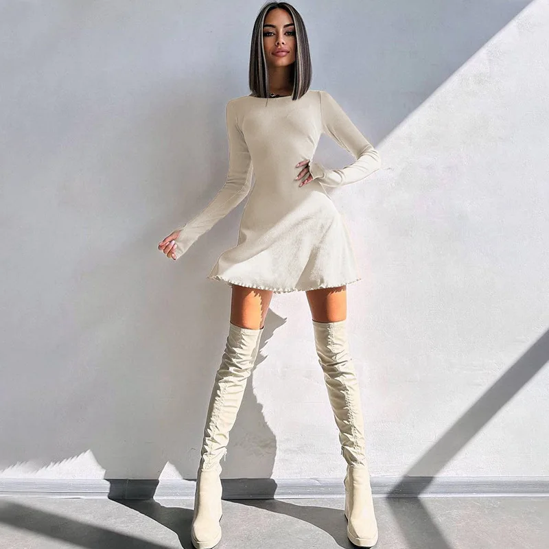 Bandage Ruffled High Waist Mini Dress For Women Long Sleeve Fashion Lace-Up Solid Patchwork Autumn 2025 Bodycon Dress New