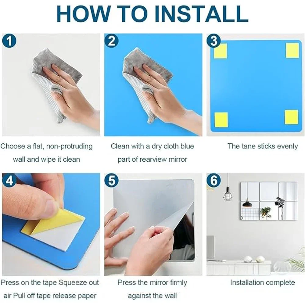 DIY Square Mirror Wall Sticker Acrylic Soft Mirror Self-adhesive Wall Sticker Full Body Dormitory Makeup 2/4pcs 15/20/30cm