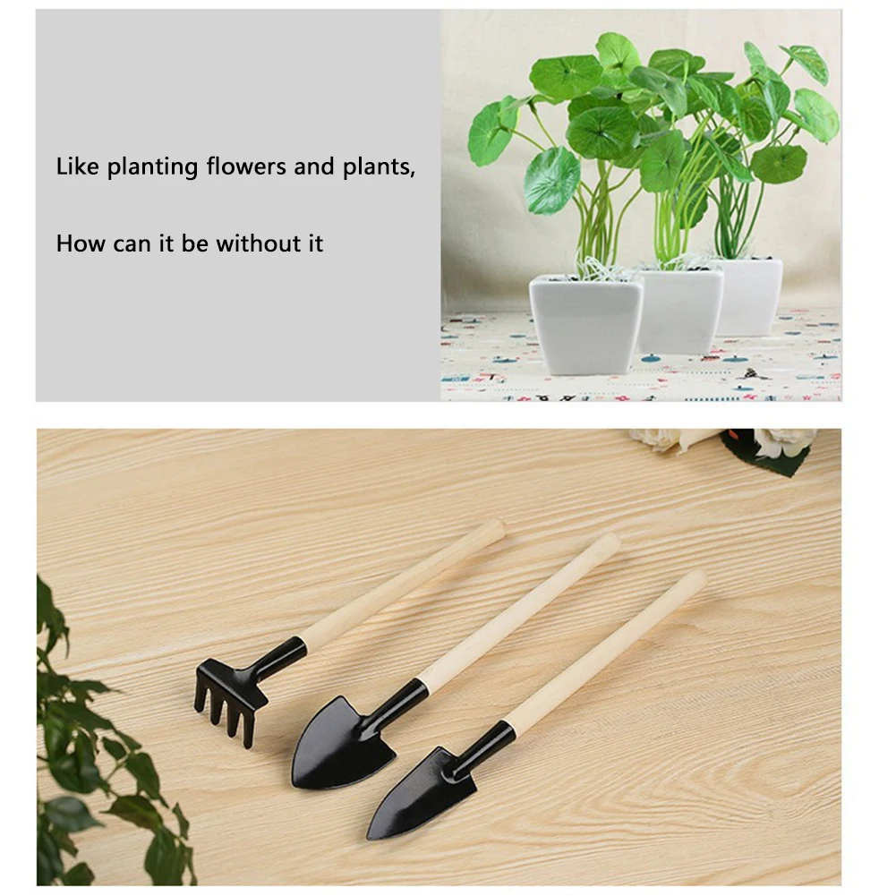 Gardening Tool Set 3Pcs Shovel Rake Spade Multifunction Hand Planting Tools Wooden Handle for Indoor Gardening