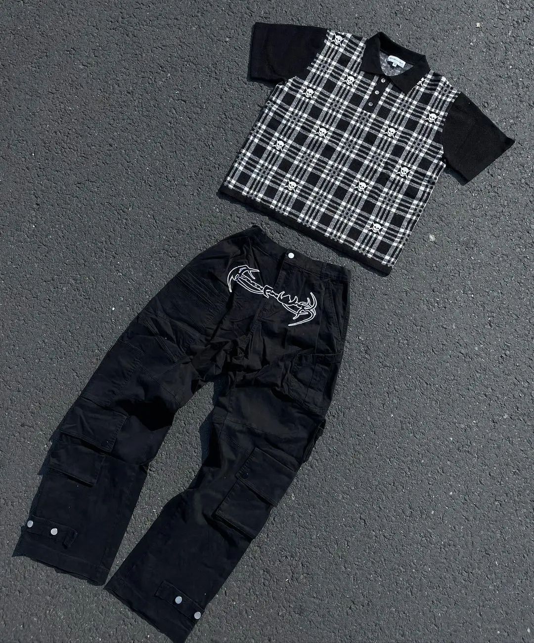 

Multiple Pockets Gothic Print Cargo Pants Aesthetics High Waist Straight Joggers Pants Lack Pants Punk Rock Straight Trousers