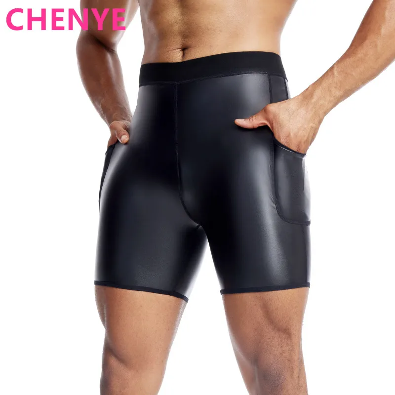Body Shapers Mens Slim Fashion Leather Pants Waist Trainer Stretch High Waist Control Panties Fitness Leather Shorts with Pocket men fashion white splicing pocket leather pants body shaper waist trainer high waist control panties fitness leather 5pts shorts