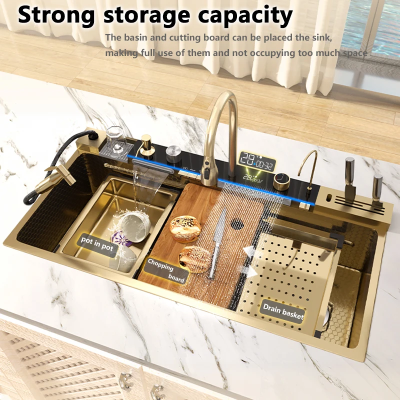 Golden Stainless Steel Kitchen Sink Multifunctional Large Single Basin Waterfall Dispenser Dishwashing Slot Undermount Basin