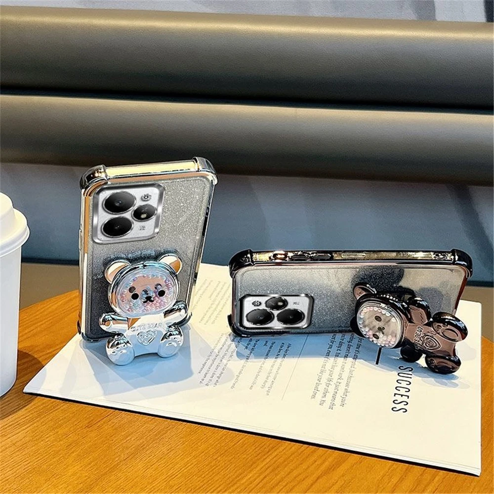 Luxurious Bow Strap Bear Phone Holder Case with Glitter Shockproof Stand Cover