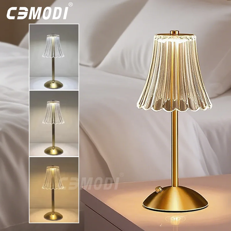 Table Lamp Crystal LED Table Lamp Rechargeable Touch Control 3 Color Dimmable Night Light for Bedroom USB Desk Lamp Bedside Reading
