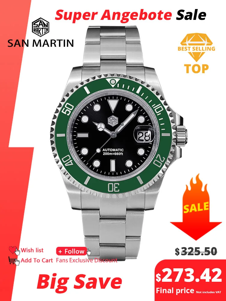 San Martin 41mm męski zegarek dla nurka luksusowy duch wodny PT5000 SW200 automatyczny mechaniczny szafirowy datownik cyklop 20Bar BGW-9 Luminous - AliExpress 1511