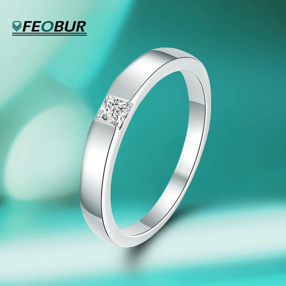 

925 Sterling Silver Engagement Rings For Women Men 0.3 Carat Princess Cut Square Moissanite Diamond Simple Promise Wedding Band