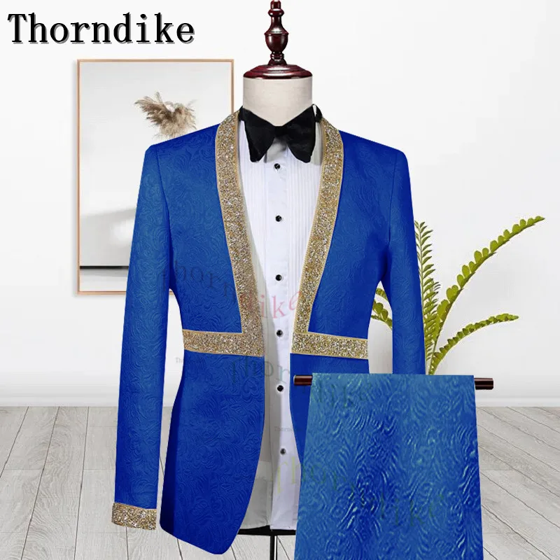 

Thorndike 2022 New Fashion Man Suit 2 Piece Formal Costume Homme Slim Fit Made Royal Blue Jacquard With Gold Stripes Wedding