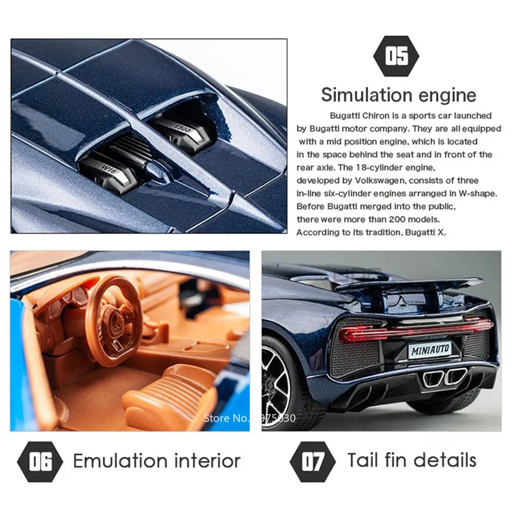 1:32 Bugatti Chiron Alloy Toy Cars Diecast Models Sound Light Toys Vehicles 3 Doors Opened Miniature Car for Kids Festival Gifts 4