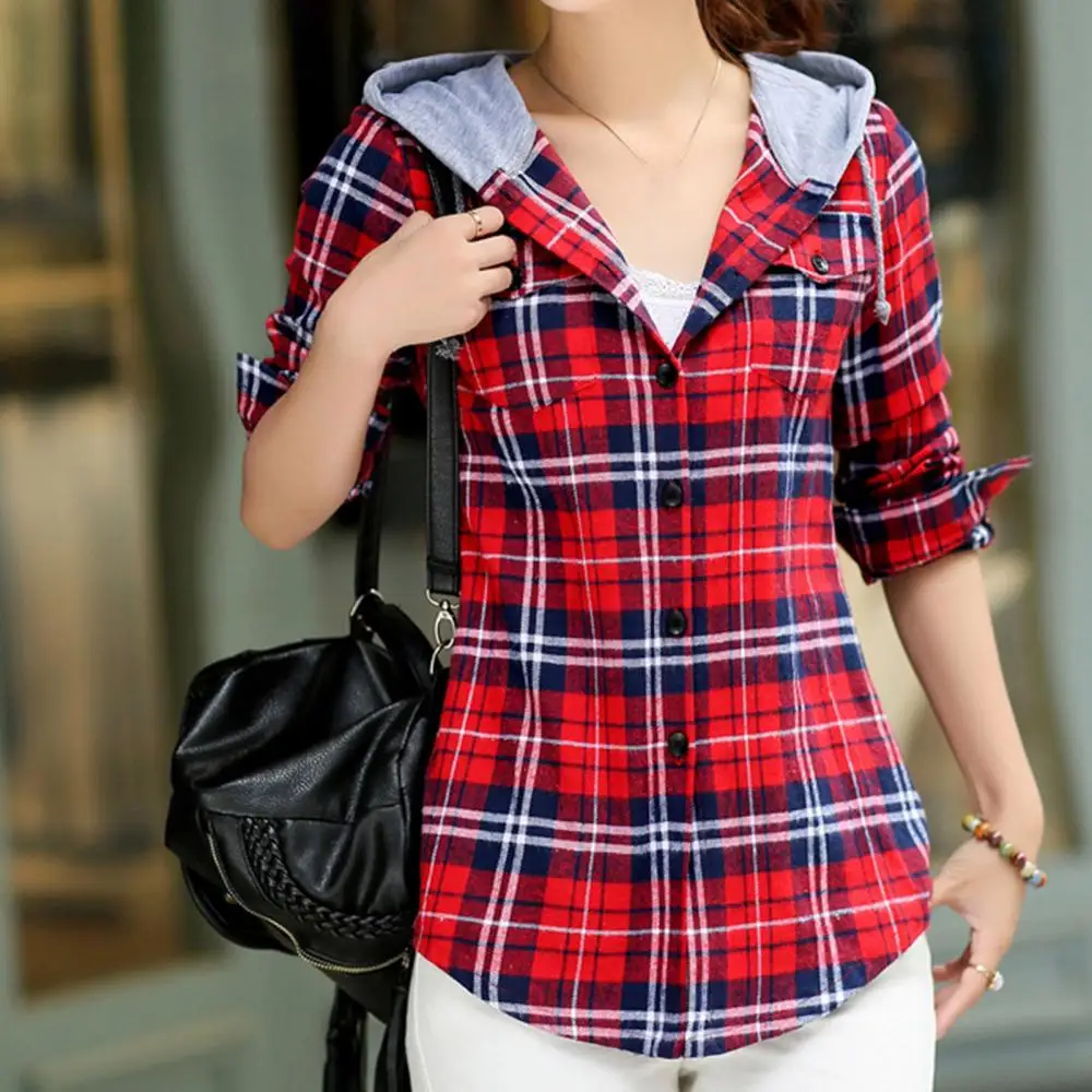 Women Fashion Loose Long Sleeve Classic Plaid Hood Button-up Cotton Shirt Coat Women Blouses Lady Sweatshirts рубашка женская нагрудник рубашка для кормления