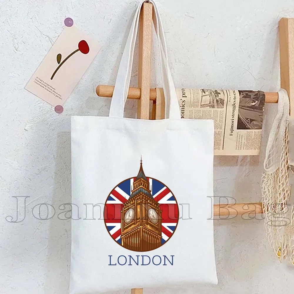London England Flag Map Cute Tote Bag United Kingdom Bus Big Ben Bridge Phone Booth Landmark Trip Travel Tourist Canvas Handbags