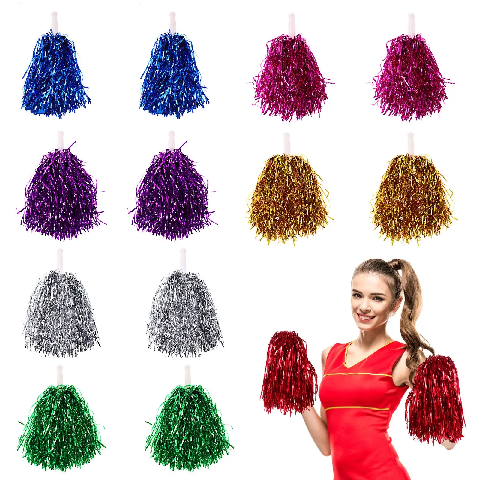 NUOBESTY 14pcs Pompom Girl Poms Metallic Foil Cheerleader Pom Poms For Team Sports Events Parties For cheerleading pom poms