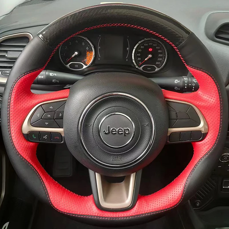 

red Non-slip Genuine Leather Carbon Fiberf style Steering Wheel Cover For Jeep Renegade 2016 2017 Compass 2017 Car Accessories