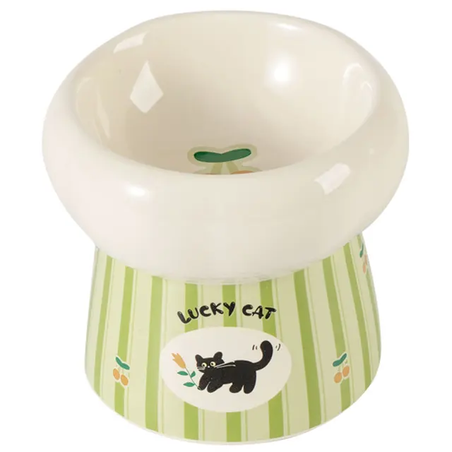 Raised Ceramic Dog Bowl Anti Vomiting Elevated Tilted Pet Food Water Bowl Green Striped Cute Black Cat Pattern Feeder for Cats 2