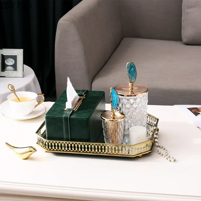 Leather tissue box Handmade Metallic green Paper box Tea table storage organization ornaments napkin holder Home Decoration 4