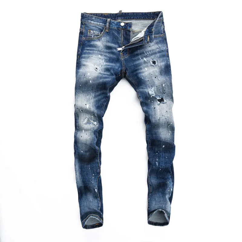 High Street Fashion Men Jeans Retro Blue Stretch Skinny Fit Painted Ripped Jeans Men Patched Designer Hip Hop Brand Pants Hombre