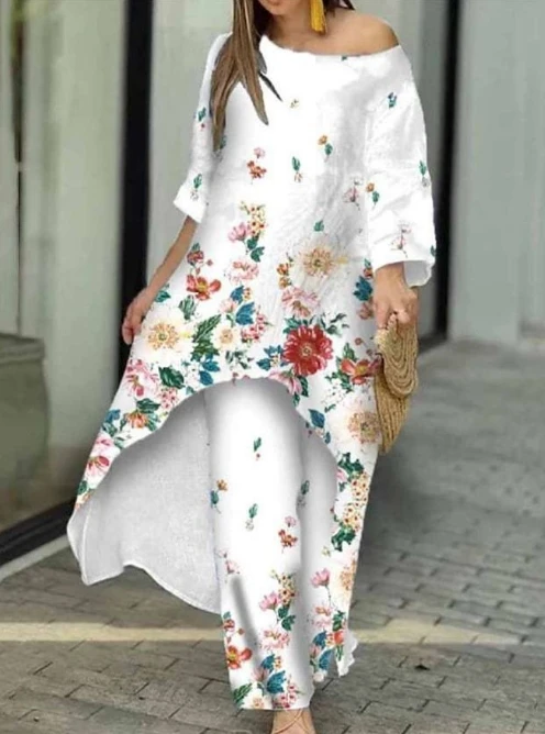 

Two Piece Set Women Outfit 2023 Spring Fashion Casual Loose Irregular Print Round Neck Long Sleeve Top & Wide Leg Pants Suit
