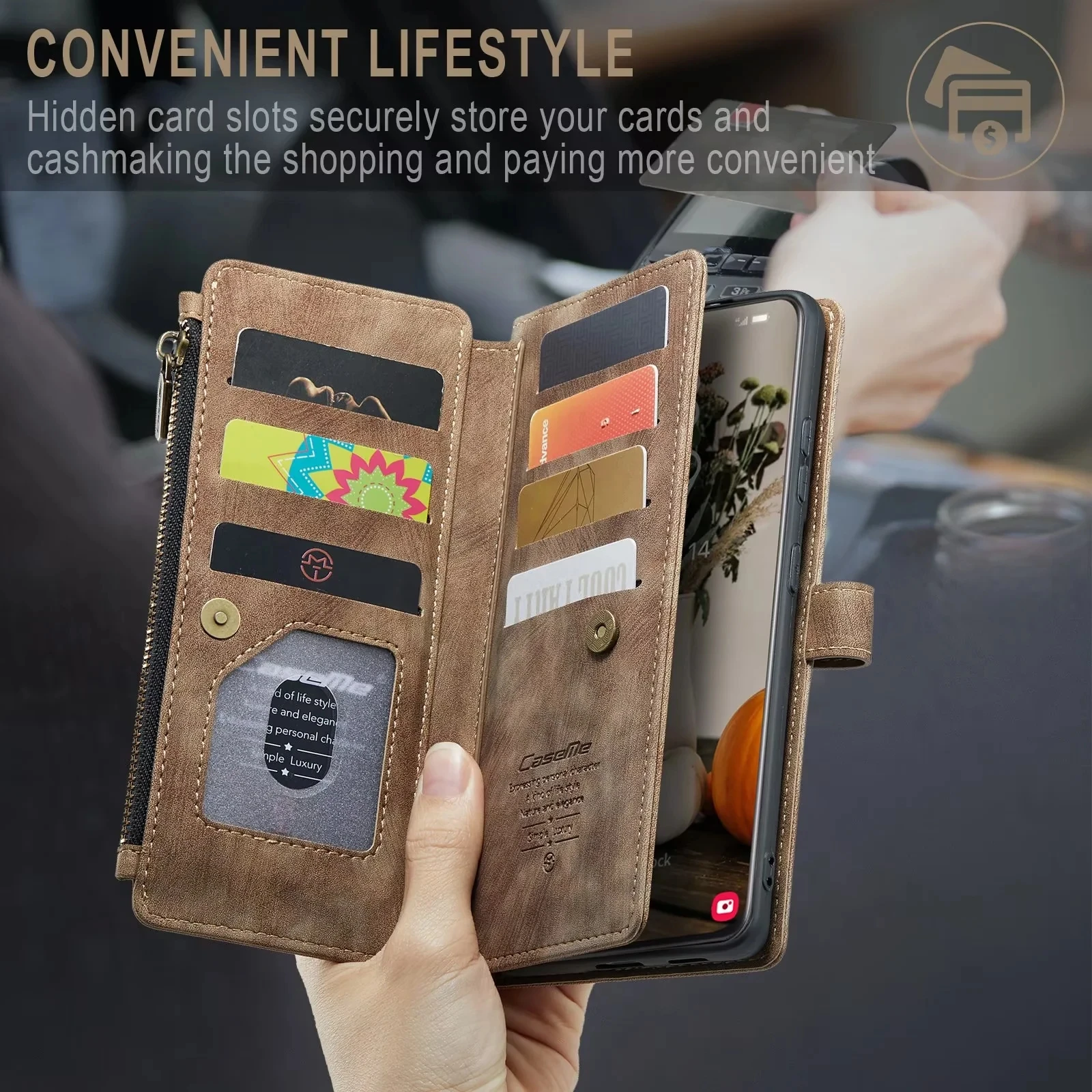 Elegant PU Leather Wallet Case with Card Holder and Strap, Book Flip Design