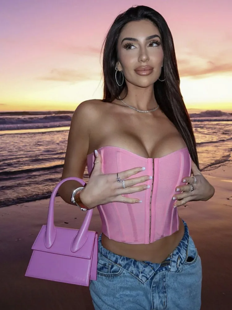 

New Women Summer 2023 Sexy Strapless Backless Pink White Black Bandage Tops Celebrity Designer Fashion High Street Top