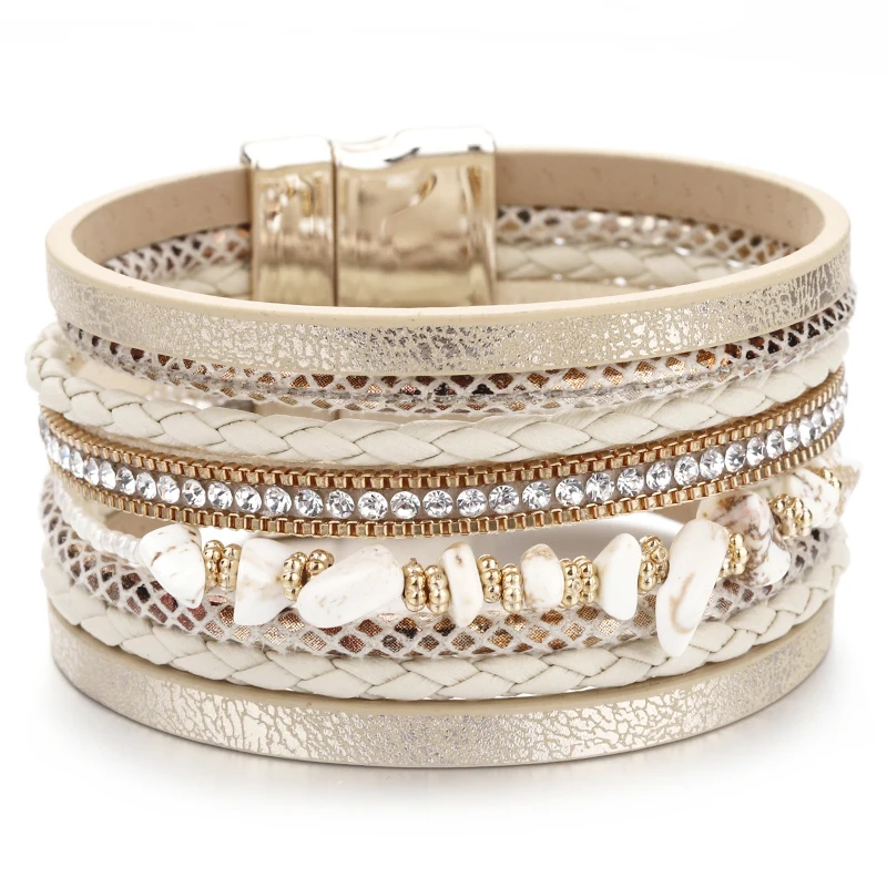 ALLYES Natural Stone Leather Bracelet Women Charm Retro Multilayer Crystal Snake Skin Wide Bracelets & Bangles Jewelry Gifts