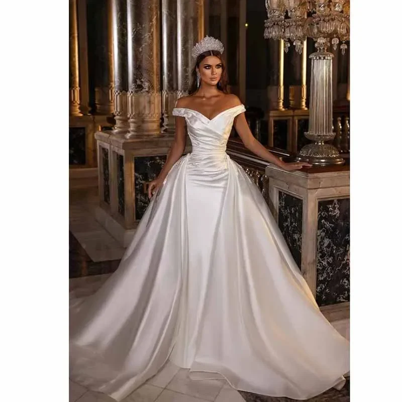 

Formal White Off The Shoulder Wedding Dress Appliques Royal Train Sleeveless Pleat Gown Elegant Women Bride Long Dresses