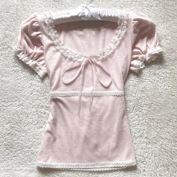 Deeptown Coquette Sweet T-shirts Women Pink Kawaii Bow Elegant Short Sleeve Tees Korean Fashion Lace Patchwork Slim T-Shirts 1