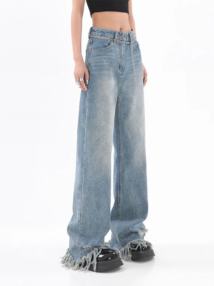 

Korean Style Women's Jeans High Waist American Y2k Streetwear Vintage Pants Chic Design Casual Ladies Denim Wide Leg Trousers