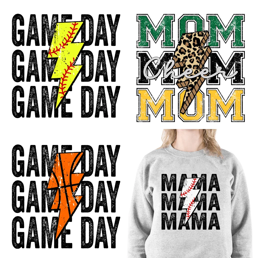 Various Sport Ball Game Day Mom Lightning Print Colorful Letter Decals Iron On DTF Transfers Stickers Ready To Press For Clothes