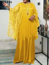 

Women Bohemian Dress 2022 VONDA Vintage Pleated Long Maxi Dresses Sexy Lace Sundress 3/4 Sleeve Ruffled Vestido Robe Femme