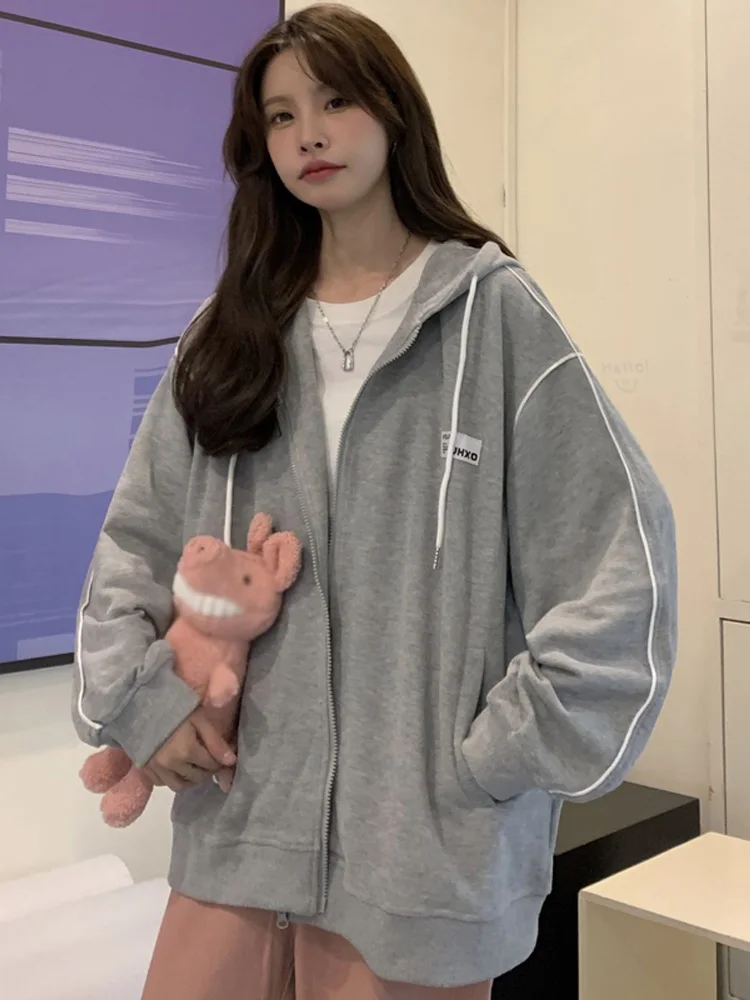 

harajuku solid Hoodies Women Oversized Hoodies Long Sleeve Sweatshirt woman Zipper cardigan jacket Fashion Pockets gray coats